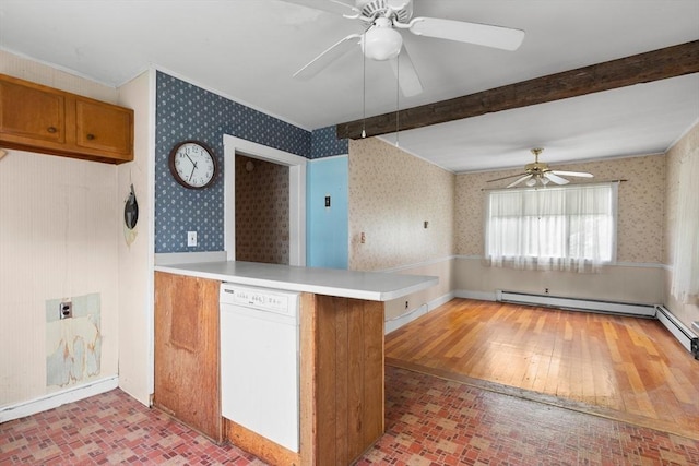 14 Farrell St, Newburyport, MA 01950 - kitchen with dishwasher, brown cabinetry, a ceiling fan, wallpapered walls, and a peninsula