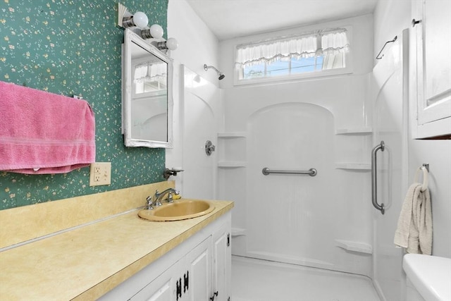 14 Farrell St, Newburyport, MA 01950 - full bath with a shower, vanity, and wallpapered walls