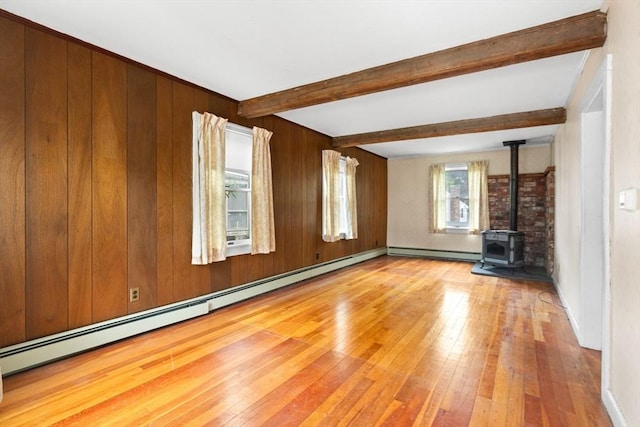 14 Farrell St, Newburyport, MA 01950 - unfurnished living room with a wood stove, a baseboard radiator, light wood-type flooring, beamed ceiling, and wooden walls