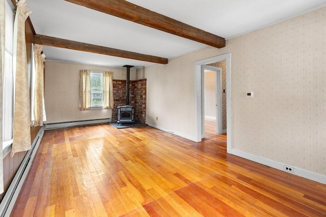 14 Farrell St, Newburyport, MA 01950 - unfurnished living room with baseboard heating, light wood-type flooring, a wood stove, and beamed ceiling