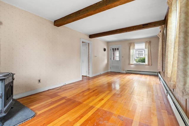14 Farrell St, Newburyport, MA 01950 - unfurnished living room with a baseboard heating unit, a wood stove, a baseboard radiator, light wood-style floors, and beam ceiling