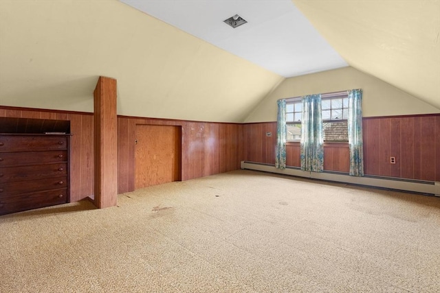 14 Farrell St, Newburyport, MA 01950 - bonus room featuring a baseboard radiator, wood walls, carpet floors, and lofted ceiling
