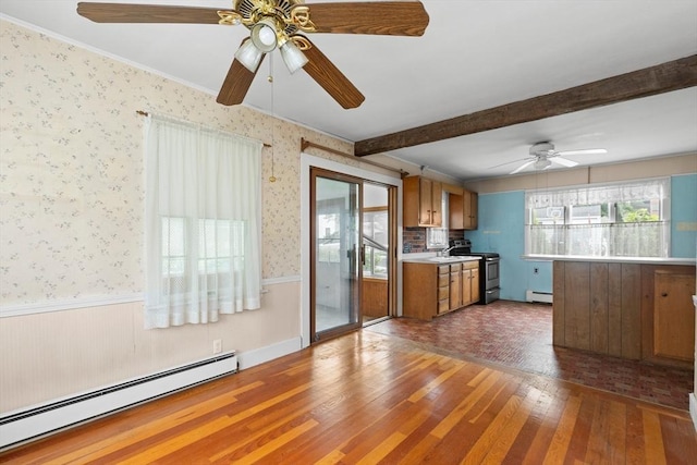 14 Farrell St, Newburyport, MA 01950 - kitchen with a baseboard heating unit, brown cabinetry, stainless steel range with electric stovetop, a ceiling fan, and beamed ceiling