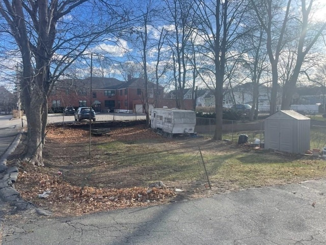 view of yard with a storage shed