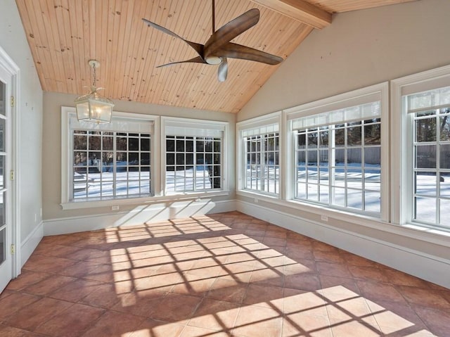 unfurnished sunroom featuring wood ceiling, ceiling fan, lofted ceiling with beams, and a wealth of natural light