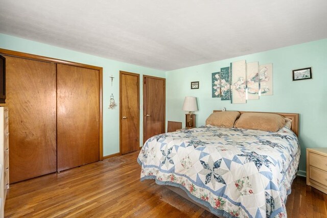 bedroom with wood finished floors and two closets
