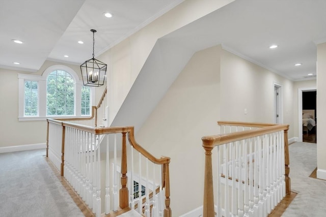 3 Aaron Rd, Lexington, MA 02421 - hall featuring an upstairs landing, light carpet, recessed lighting, a chandelier, and ornamental molding