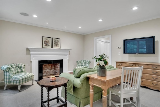 3 Aaron Rd, Lexington, MA 02421 - living room with light carpet, ornamental molding, recessed lighting, and a fireplace