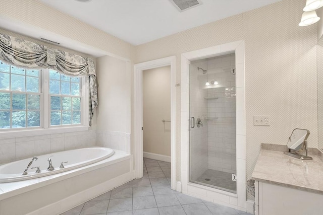 3 Aaron Rd, Lexington, MA 02421 - bathroom featuring a stall shower, a bath, vanity, and tile patterned floors