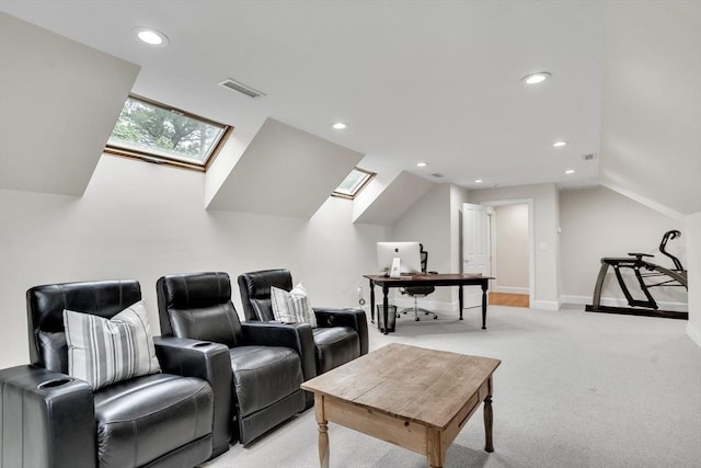 3 Aaron Rd, Lexington, MA 02421 - home theater featuring a skylight, light carpet, and recessed lighting