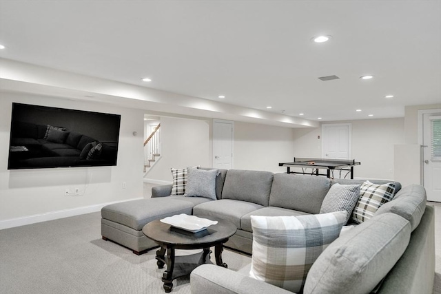 3 Aaron Rd, Lexington, MA 02421 - living area with recessed lighting, light colored carpet, and stairway