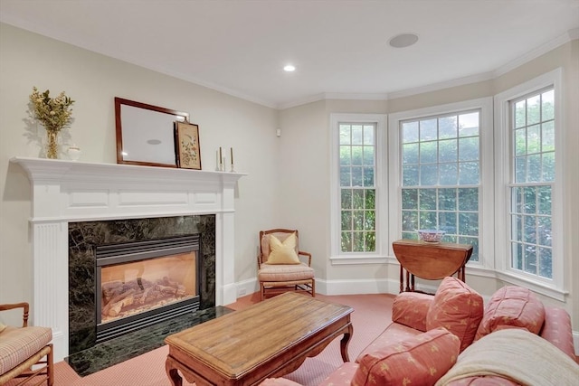 3 Aaron Rd, Lexington, MA 02421 - carpeted living room with plenty of natural light, a fireplace, ornamental molding, and recessed lighting