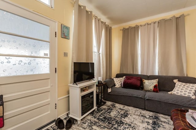 living area with ornamental molding