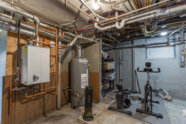 interior space with water heater and tankless water heater