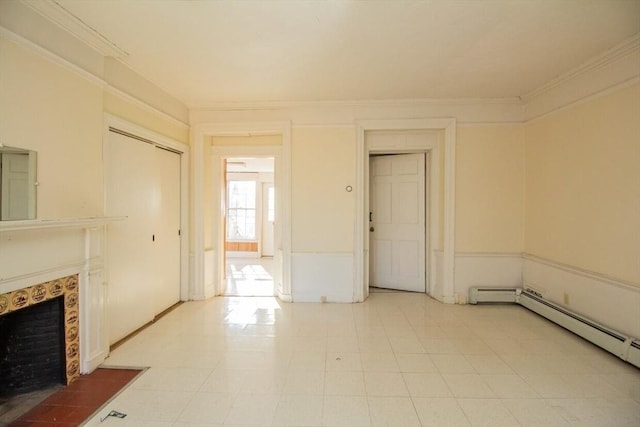 interior space with a fireplace, a baseboard heating unit, and ornamental molding