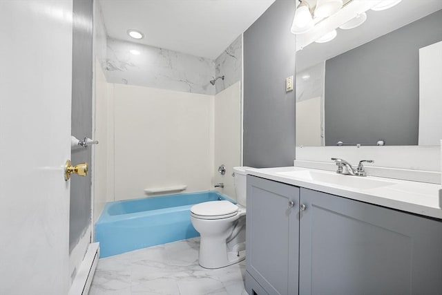 full bathroom featuring vanity,  shower combination, toilet, and baseboard heating