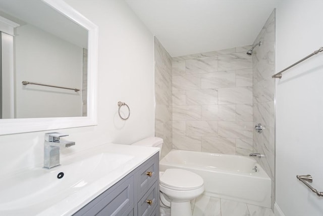 bathroom with marble finish floor, shower / bathing tub combination, vanity, and toilet