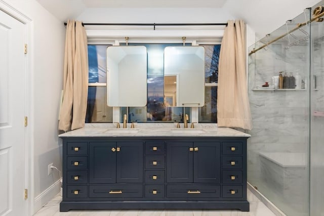 bathroom featuring vanity, an enclosed shower, and lofted ceiling