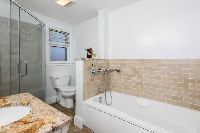 full bathroom featuring tile patterned flooring, vanity, toilet, and shower with separate bathtub