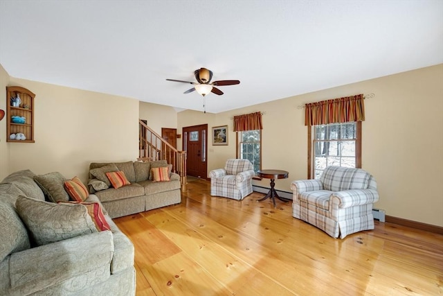 living room featuring hardwood / wood-style flooring, baseboard heating, and ceiling fan