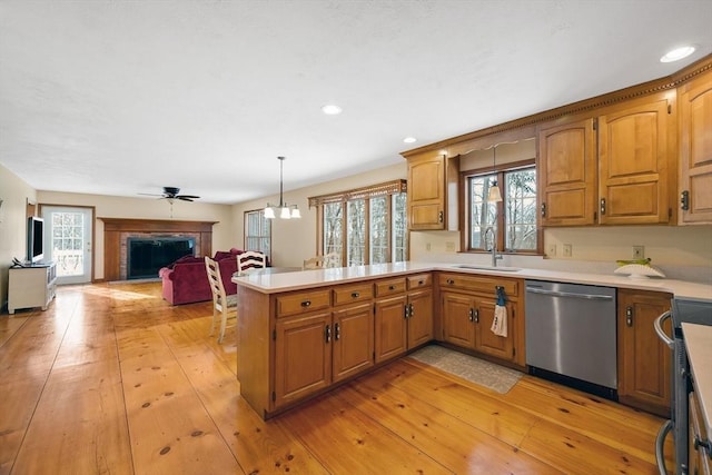 kitchen featuring decorative light fixtures, range, dishwasher, and light hardwood / wood-style flooring