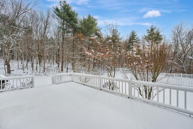 snowy yard with a deck