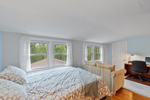 bedroom with wood finished floors, lofted ceiling, and an office area
