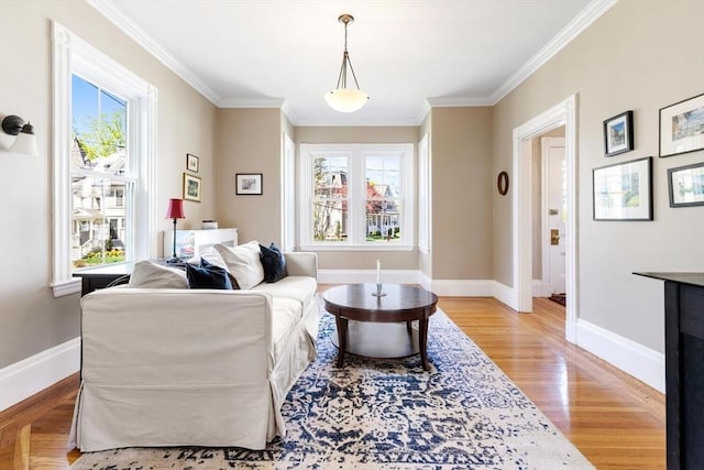 living room with crown molding, baseboards, and wood finished floors