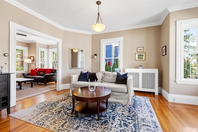 sitting room featuring crown molding, baseboards, radiator heating unit, and wood finished floors