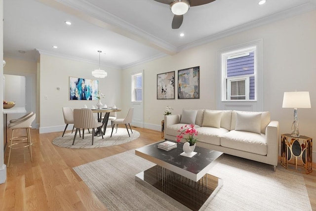 870 E 4th St Unit 1, Boston, MA 02127 - living area featuring crown molding, light wood-type flooring, ceiling fan, and recessed lighting