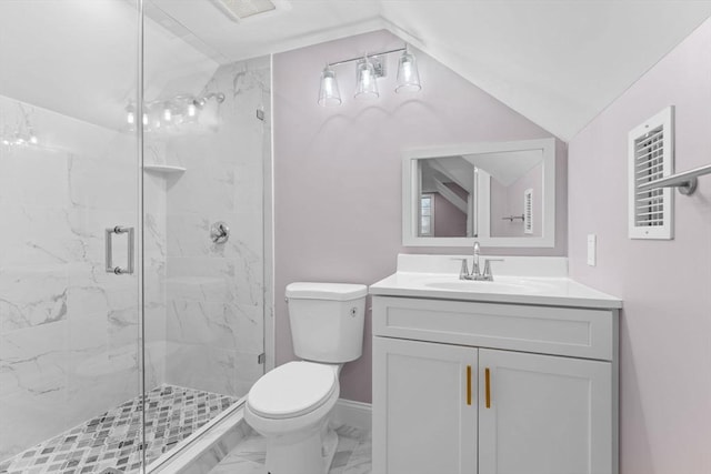 full bath featuring vanity, toilet, a marble finish shower, marble finish floor, and lofted ceiling