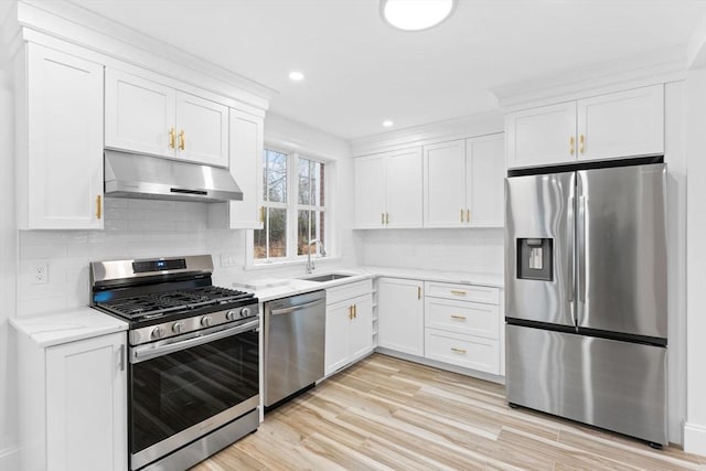 kitchen featuring a sink, stainless steel appliances, white cabinetry, backsplash, and under cabinet range hood