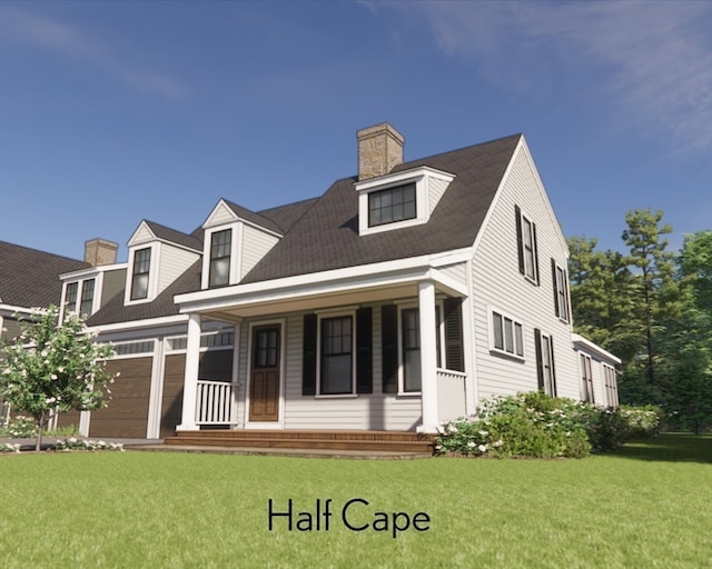 cape cod-style house featuring covered porch, a garage, and a front lawn