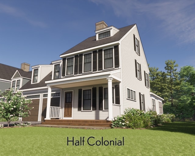 view of front of house with covered porch, a garage, and a front yard