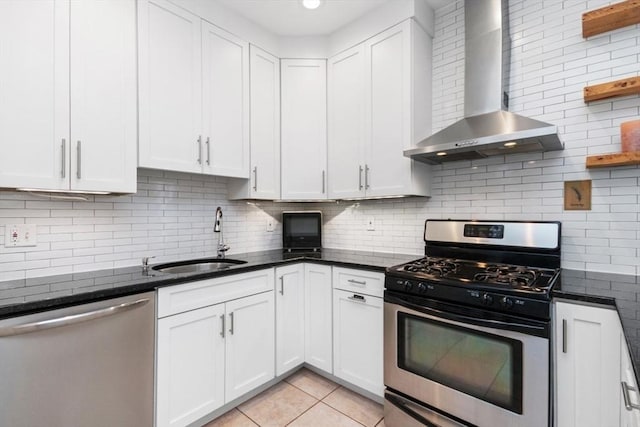 112 Thornton St Unit 2, Boston, MA 02119 - kitchen featuring appliances with stainless steel finishes, wall chimney exhaust hood, a sink, white cabinets, and tasteful backsplash