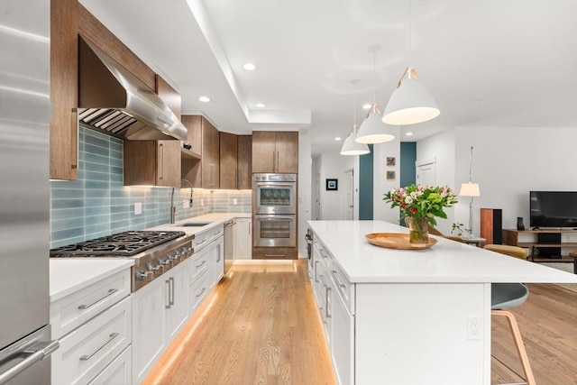 321-323 Lake Ave Unit 323, Newton, MA 02461 - kitchen with wall chimney range hood, stainless steel appliances, a sink, light wood-type flooring, and a breakfast bar