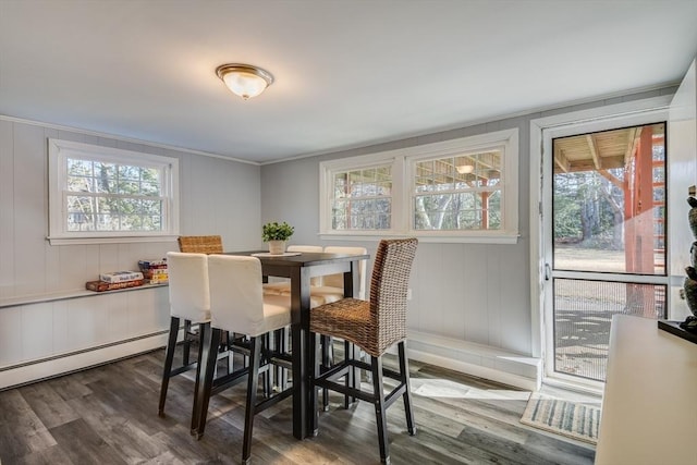 dining area featuring crown molding, dark hardwood / wood-style floors, and baseboard heating