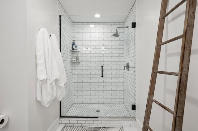 11 Bailey Pond Ln Unit 11, Amesbury, MA 01913 - full bathroom featuring a shower stall, recessed lighting, tile patterned floors, and baseboards