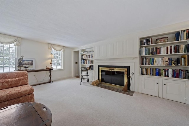 carpeted living room with built in shelves