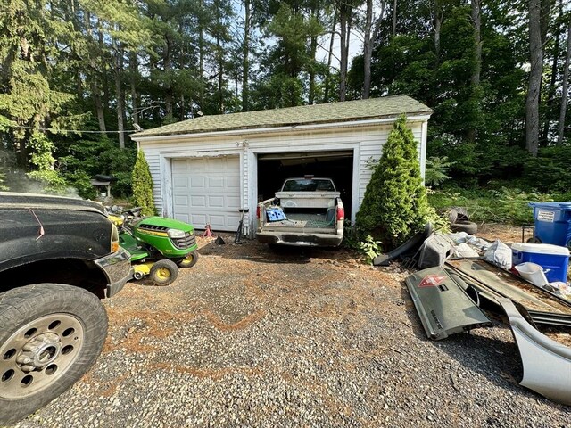 45 River St, Belchertown, MA 01007 - detached garage with view of wooded area