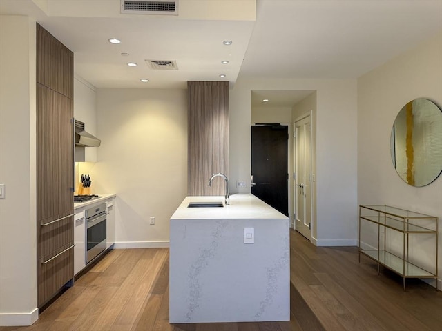 kitchen featuring ventilation hood, sink, light hardwood / wood-style flooring, an island with sink, and stainless steel appliances