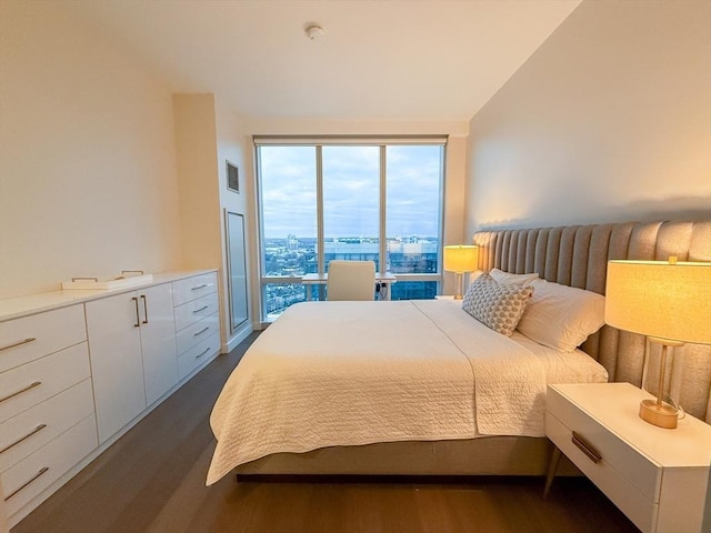 bedroom with dark hardwood / wood-style flooring