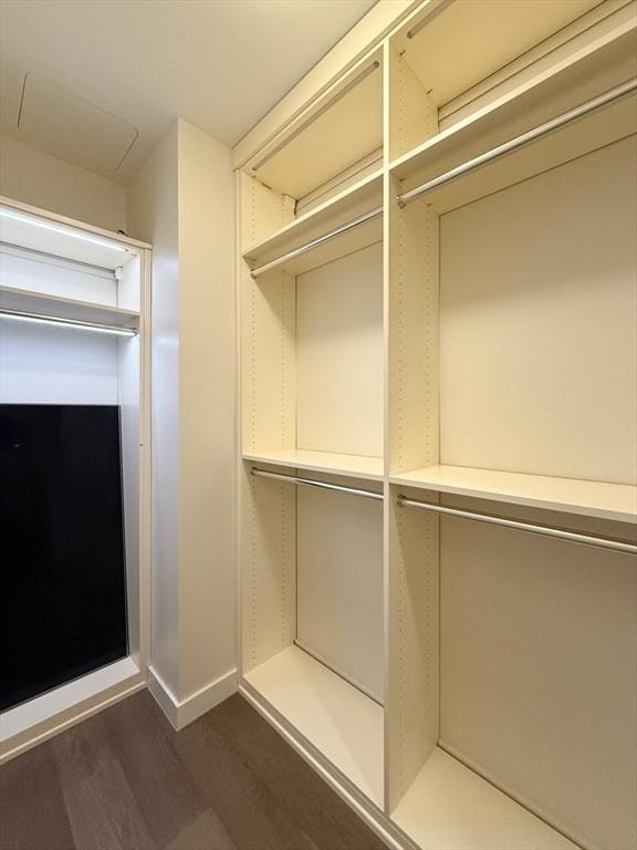 walk in closet with dark hardwood / wood-style floors