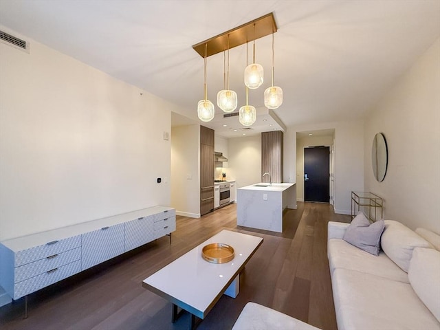 living room with dark hardwood / wood-style flooring and sink