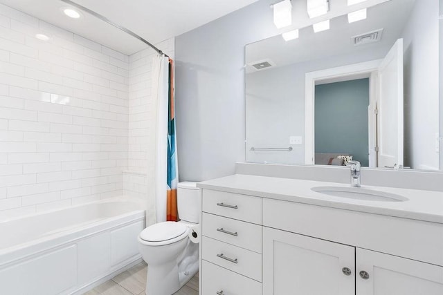 full bathroom with toilet, vanity, and shower / bath combination with curtain