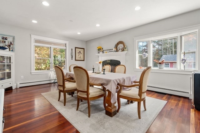 dining room with a wealth of natural light, a baseboard radiator, and dark hardwood / wood-style flooring