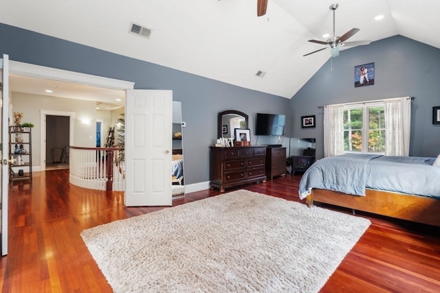 bedroom with high vaulted ceiling, ceiling fan, and dark hardwood / wood-style floors