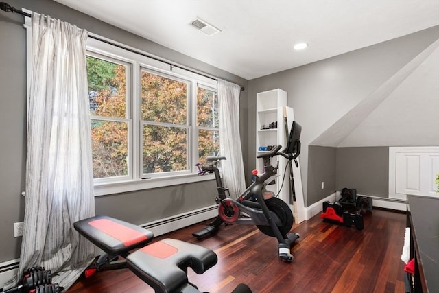 workout area with lofted ceiling, baseboard heating, and dark hardwood / wood-style floors