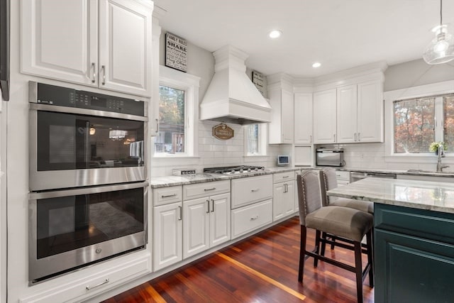 kitchen featuring white cabinets, custom range hood, stainless steel appliances, and a wealth of natural light