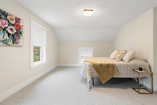 bedroom with baseboards, carpet, and vaulted ceiling